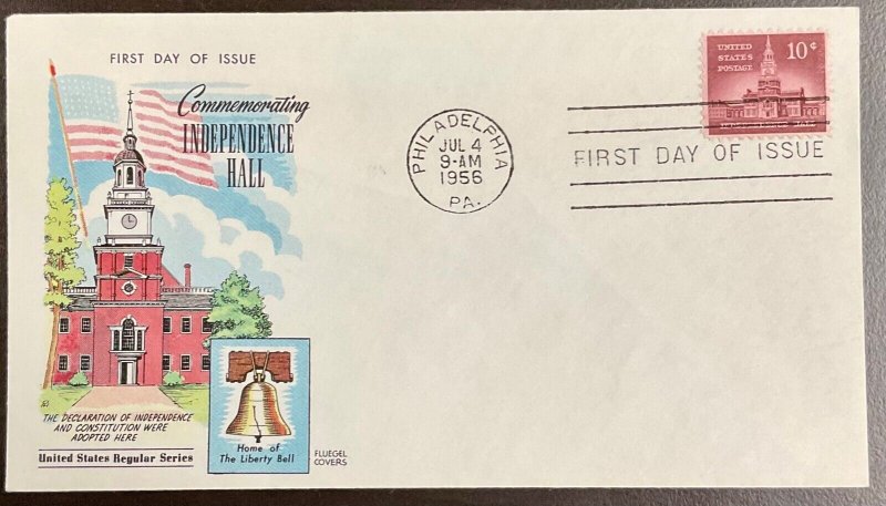 1044 Fluegel Multi-color cachet 10c Independence Hall FDC 1956 Liberty Series