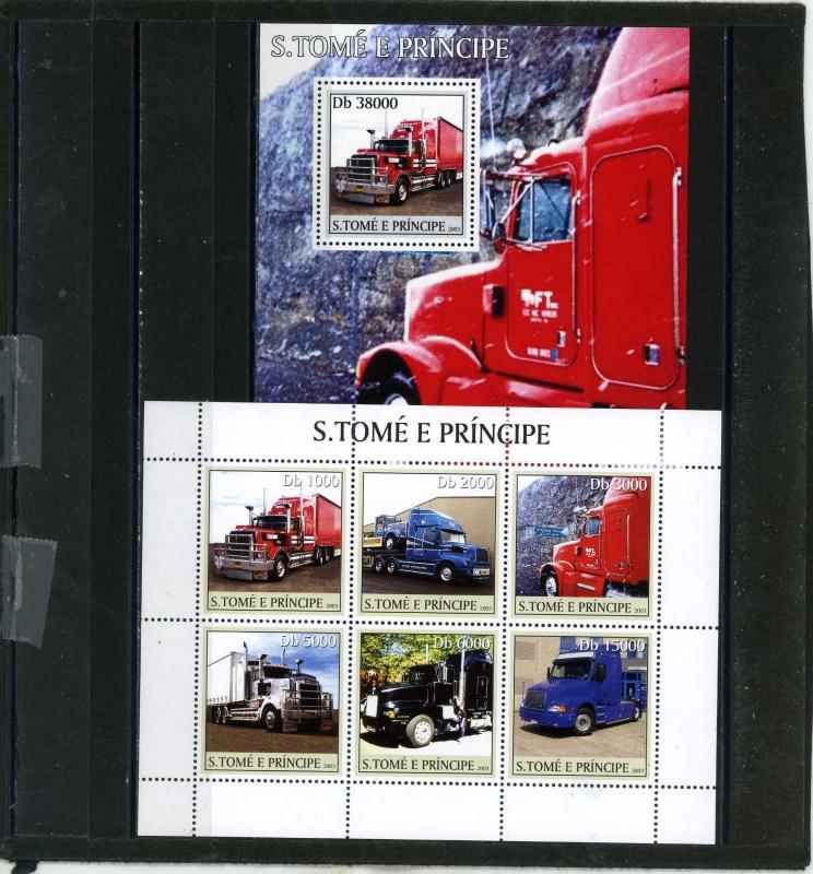 ST.THOMAS & PRINCE ISLANDS 2003 TRUCKS SHEET OF 6 STAMPS & S/S MNH 