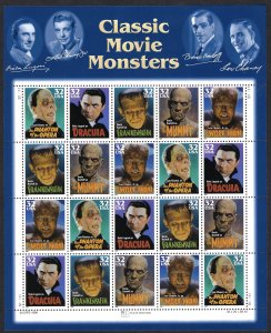 United States #3168-3172 32¢ Movie Monsters (1997). Full mini-sheet of 20. MNH