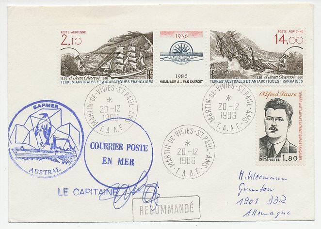 Registered cover / Postmark / Cachet T.A.A.F 1986 Expedition - Penguin - Paquebo