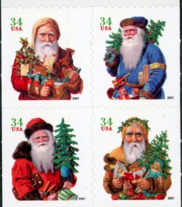 2001 34c Santa Claus, Christmas, Booklet Block of 4 Scott 3541-44 Mint F/VF NH