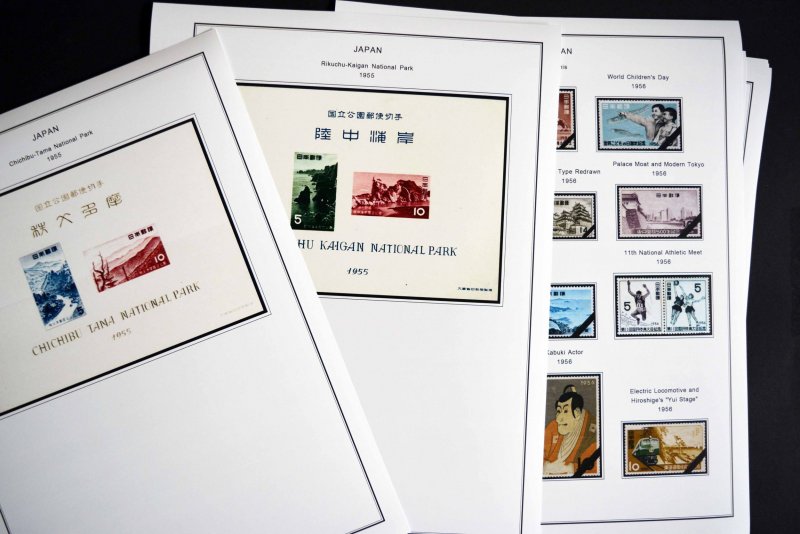 COLOR PRINTED JAPAN 1951-1960 STAMP ALBUM PAGES (35 illustrated pages)