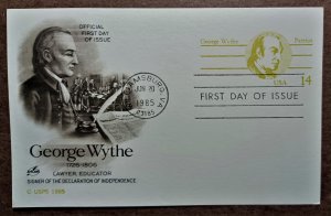 United States #UX108 14c George Wythe FDC (1985) Artcraft cachet