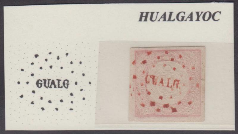 PERU 1862 Sc 12 RED GUALG (HUALGAYOC) DOTS CANCEL Emsing E1 RARE €100.00