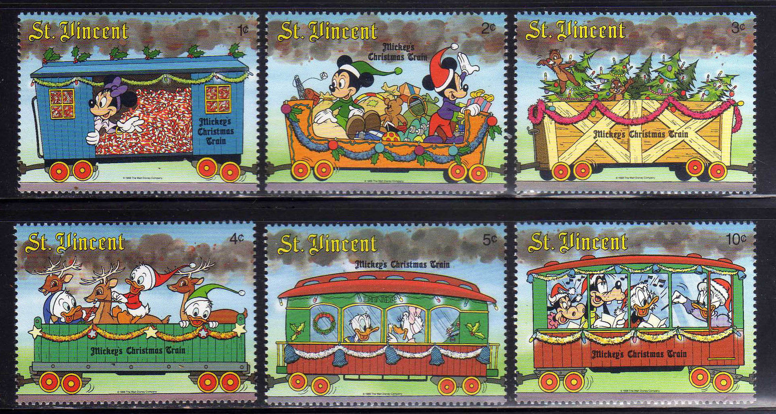 St. Vincent 1988 Mickey Christmas Trains Disney Cartoon Stamps (13) Sc 1121-1126 | Caribbean - St. Vincent, Officials Stamp / HipStamp St. Vincent 1988 Mickey Christmas Trains Disney Cartoon Stamps (13) Sc 1121-1126 | Caribbean - St. Vincent, Officials Stamp / HipStamp