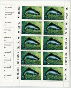 US Stamps 1991 Wisconsin Salmon Trout Fishing Issue Sheet of 10