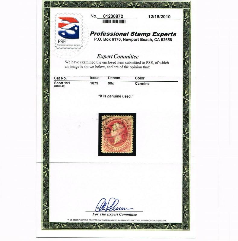 EXCEPTIONAL GENUINE SCOTT #191 VF USED ABNC 1879 90¢ CARMINE PSE CERT 100% SOUND