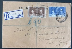 1937 Lagos Nigeria Registered Cover To South Africa King George VI Coronation