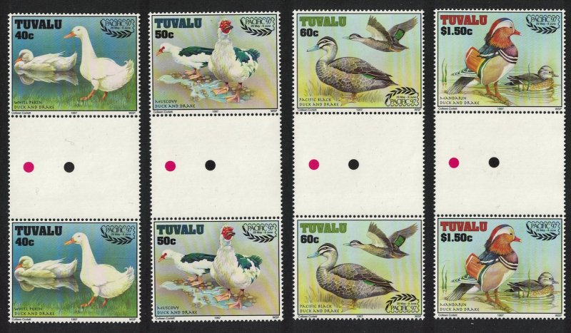 Tuvalu Ducks Birds 'Pacific 97' Stamp Exhibition 4v Gutter Pairs 1997 MNH