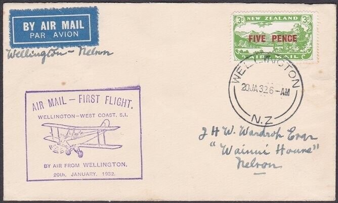 NEW ZEALAND 1932 First Flight cover Wellington to Nelson....................y220