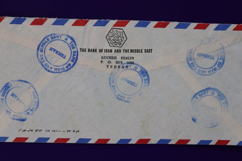 Iran registered cover 1975 Denmark Metered Postage Middle East Bank sc#RA6