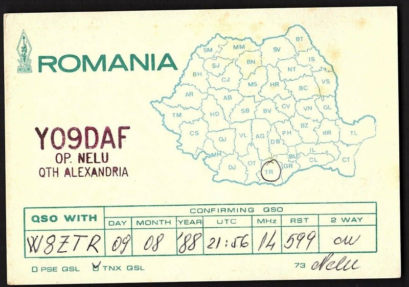 QSL QSO RADIO CARD Map of Romania,YO9DAF, Nelu, Alexandria, Romania (Q2687)