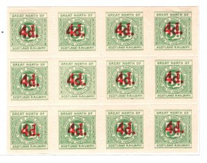 GB Scotland GNSR RAILWAY Letter Stamp *FULL PANE*{12} 4d/3d Surcharge Mint RS33