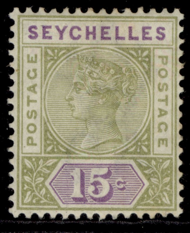 SEYCHELLES QV SG24, 15c sage-green & lilac, M MINT. Cat £10.