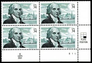 2001 Pres. James Madison Plate Block of 4 34c Postage Stamps, Sc# 3545, MNH, OG