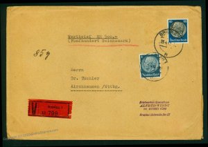 Germany 1942 Wertbrief 500 RM V Cover Breslau to Kirchhausen G73149