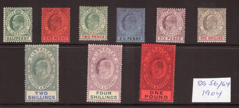 GIBRALTAR Edward VII 1904 SG56/64 lightly hinged  fresh colours, Cat. £1100.