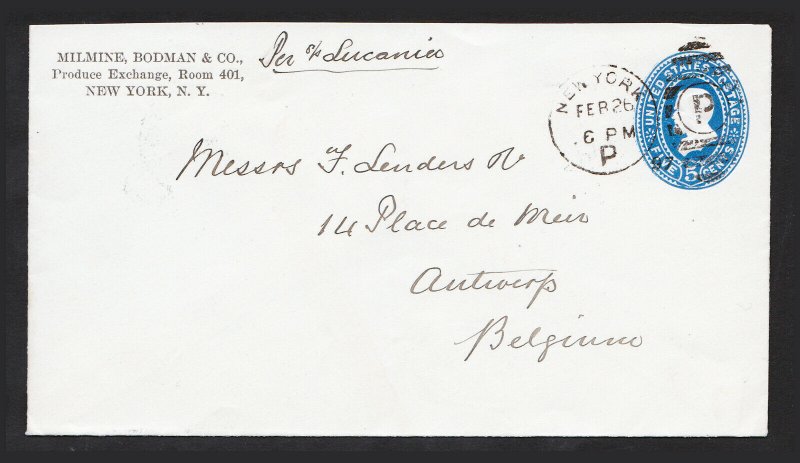 US SCOTT #U330 COVER 5C BLUE GRANT NYC TO ANTWERP BELGIUM 1891 (COLE EL-126)