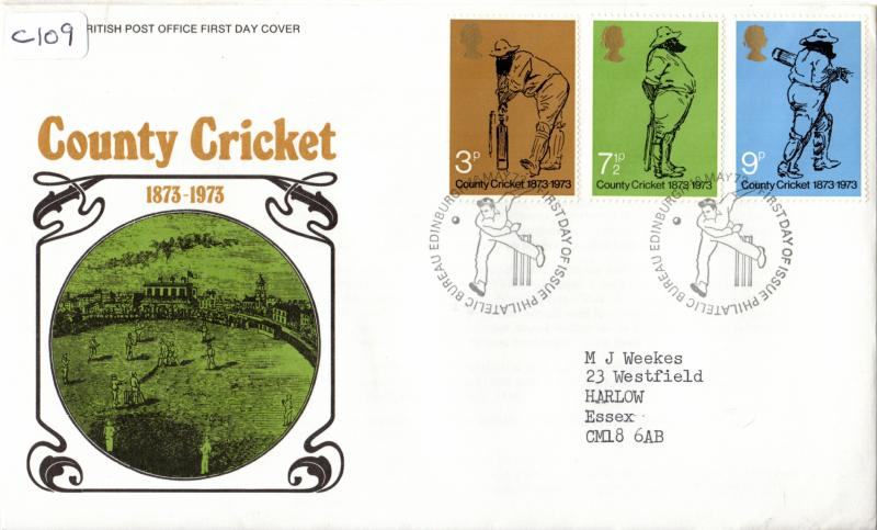 C109 - ILLUSTRATED FDC MAY 1973 - COUNTY CRICKET CENTENARY