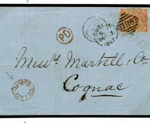 GB IRELAND LATE MAIL Superb Circular *TOO LATE DUBLIN* 1862 Cover Cognac L08g