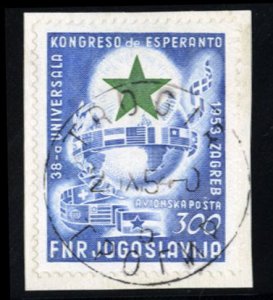 Yugoslavia #C55 Cat$190, 1953 Esperanto, cancelled on piece
