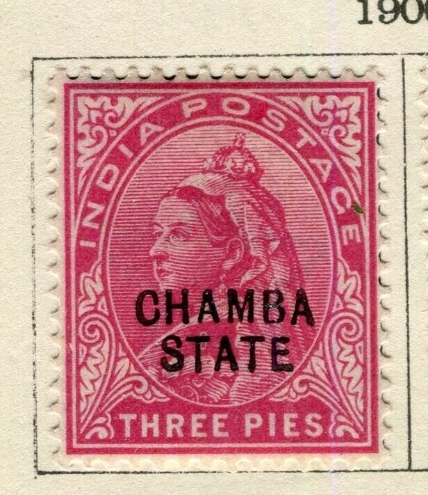 INDIA; CHAMBA 1900 early QV Optd. issue Mint hinged 3p. value