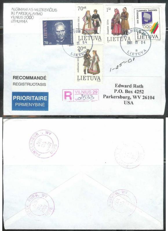 2001 Lithuania registered cover Vilnius to W VA USA (Olympic stamp)