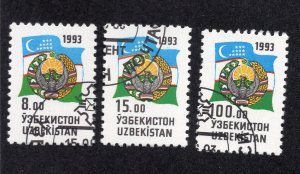 Uzbekistan 1993 8r, 15r & 100r Arms, Scott 30-31, 34 used, value = $2.65