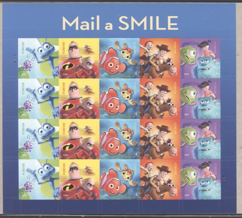 2012 US Scott #4677-81 Pixar Characters, Mail a Smile Sheet of 20 Forever MNH