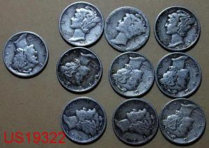 Ten different circulated MERCURY DIMES