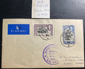 1936 Colombo Ceylon First Xmas Flight Airmail cover To Athens Greece