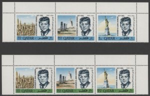 1966 Qatar Scott #102, 102A.  Kennedy Strips of 3 MNH