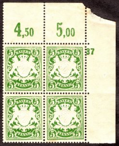 1911, Germany Bavaria 5pf, MNH block of 4, Sc 72