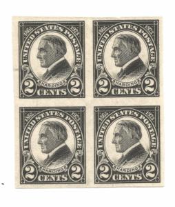 Scott # 611 2cent Black Harding Imperf. Block of 4- 1923
