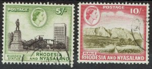 RHODESIA AND NYASALAND 1959 QEII PICTORIAL 5/- AND 10/- USED