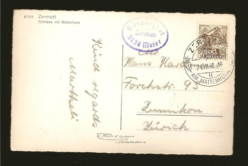 Switzerland 316 on PM 1949 Zermatt Alps Postcard Used