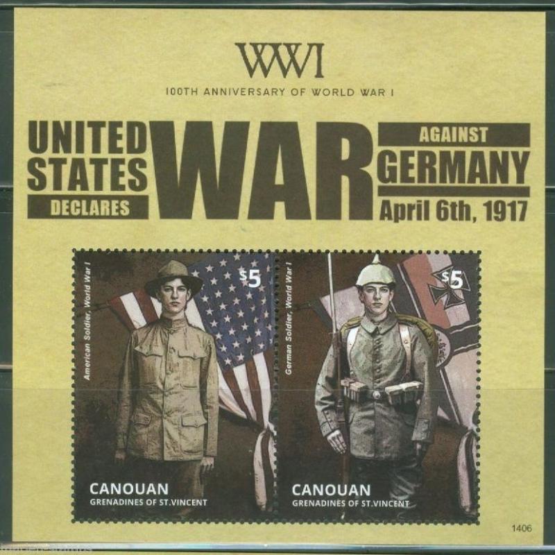 CANOUAN 2014  100th ANNIVERS OF WORLD WAR I US DECLARES WAR  S/S MINT NH