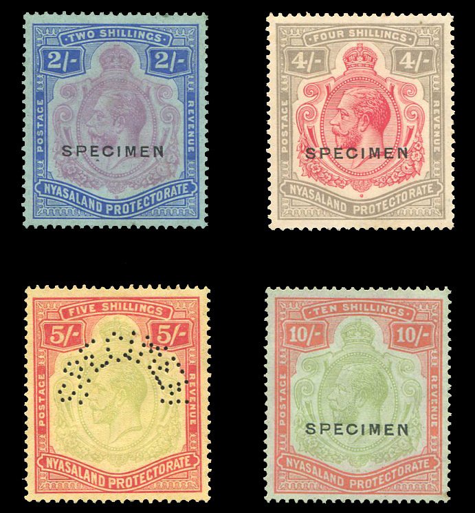 Nyasaland Protectorate #33/37S, 1921-30 2sh, 4sh, 5sh and 10sh, overprinted o...