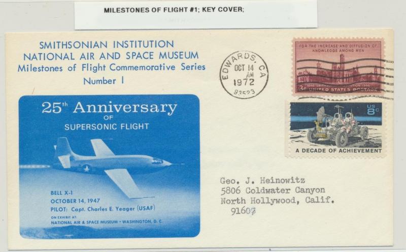 USA 1972 SMITHSONIAN MILESTONES OF FLIGHT, KEY COVER #1, BELL X-1, VERY SCARCE 