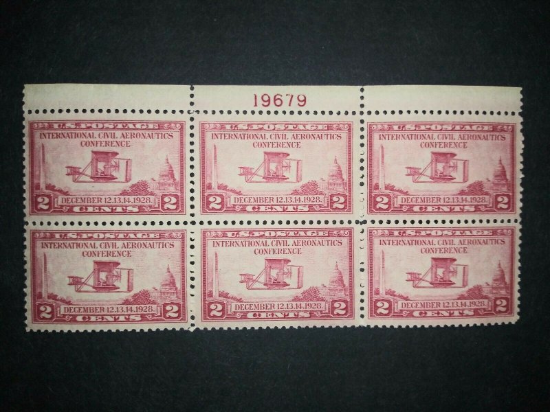 RIV: US MNH 649 Plate Block of 6 TOP 2 cent Wright Plane Aeronautic 1928 mint 2M