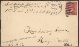 CAIBARIEN 1899 Overprinted USA Franklin to Kings Mills Ohio Soldiers Lett 107607