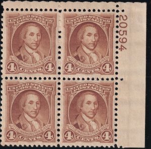 Sc# 709 U.S 1932 Washington Bicentennial 4¢ plate block 20594 MNH CV $7.00