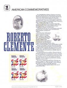 USPS Commemorative Panel 227 Roberto Clemente #2097 Baseball HOF Blk/4 Mint 1984