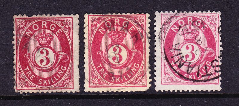 NORWAY   1872-75  3sk  ALL SHADES  FU  SG 38/40   Sc 18/a/b        