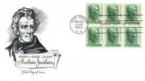 US FIRST DAY COVER 1c DEFINITIVE ANDREW JACKSON SCOTT 1209 PANE OF SIX 1963