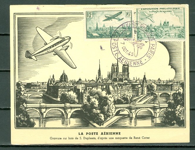 PARIS 1943 AIR STAMPS EXPO..POSTAL CARD + IMPERF BLK of SOUVENIR VIGNETTES MNH