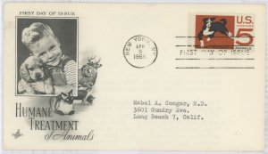 US 1307 1966 Humane Treatment of Animals, typed address, corner crease.