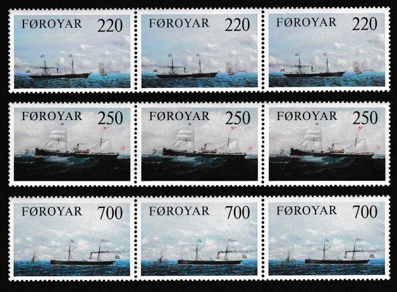 Faroe Is. Old Cargo Liners 3v strips of 3 stamps SG#78-80 SC#90-92