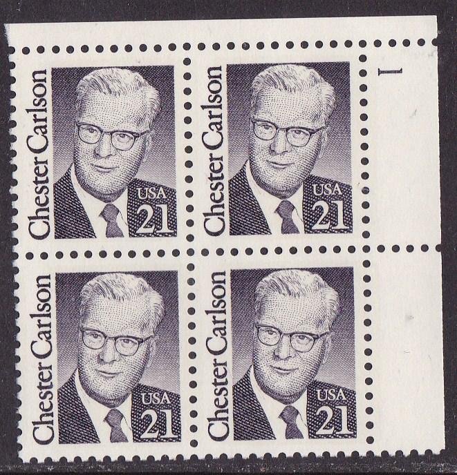 Great Americans Issue of 1986-94 21c Chester Carlson Plate Number Block-4 VF/NH