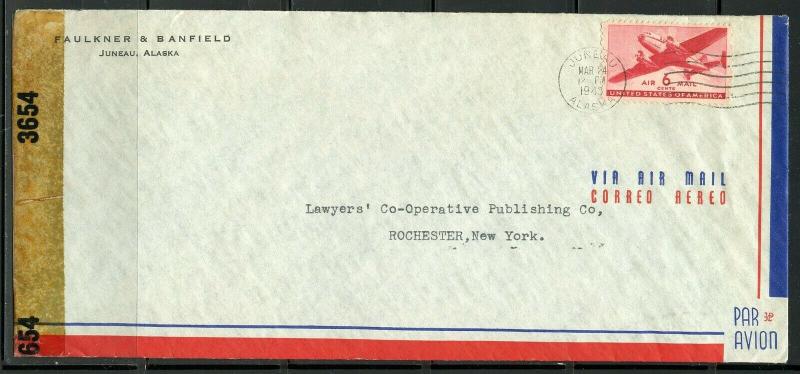 US JUNEAU, AK 3/24/1943 CENSORED AIR MAIL COVER TO ROCHESTER, NY AS SHOWN